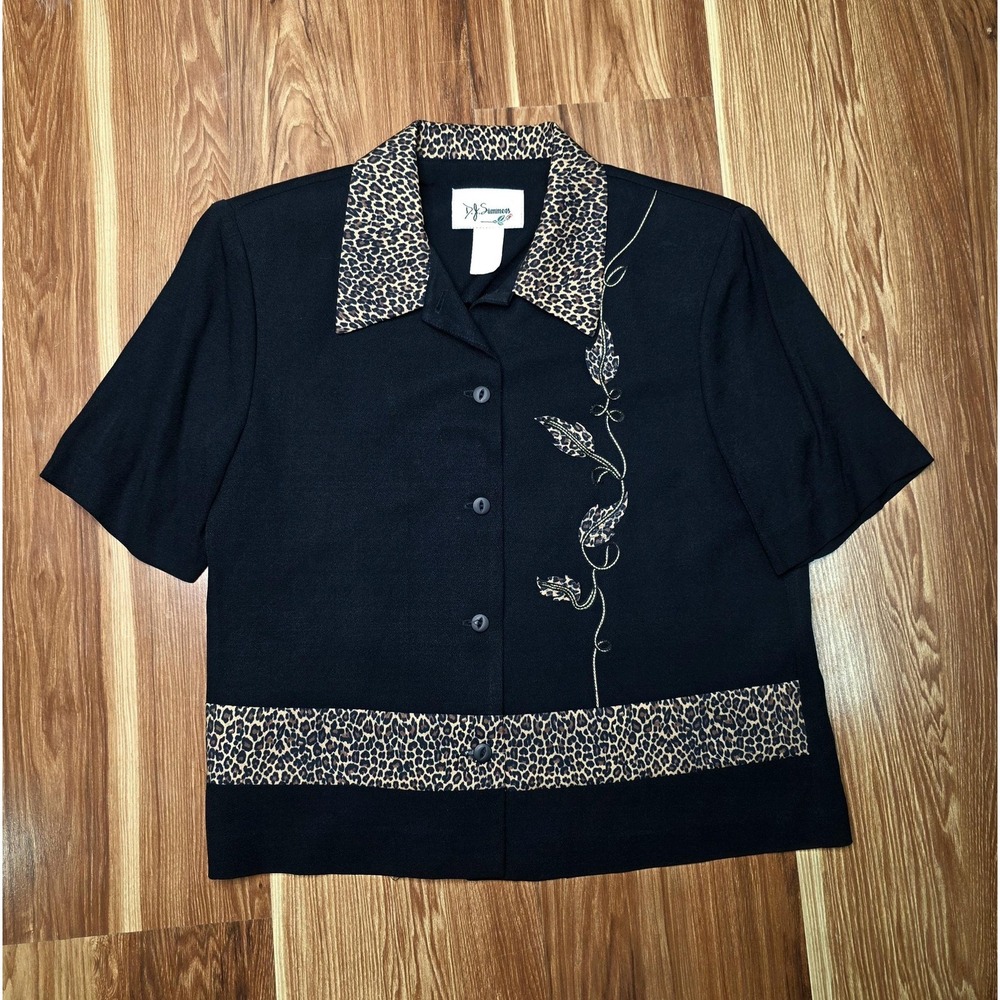 Vtg D.J. Summers Shirt Womens 6 Black Leopard Button Up Embroidered Made USA Y2k